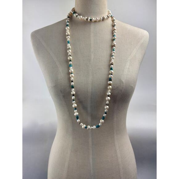 Pearl Turquoise Labradorite Long Necklace 53" Flapper Style Pearls - Picture 5 of 7